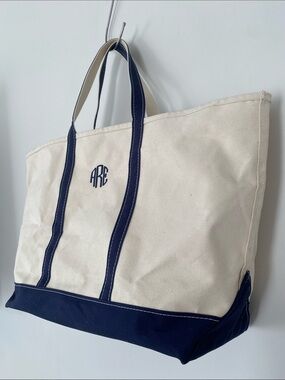 Rare L.L. Bean Canvas Boat Tote in Navy & Cream ARE Monogram Embroidered XL
